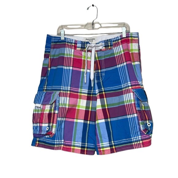 Abercrombie & Fitch Swim Trunks Pockets Tie Waist Pastel Plaid Men's Large